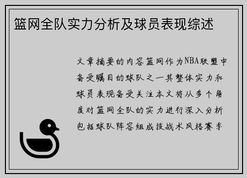 篮网全队实力分析及球员表现综述